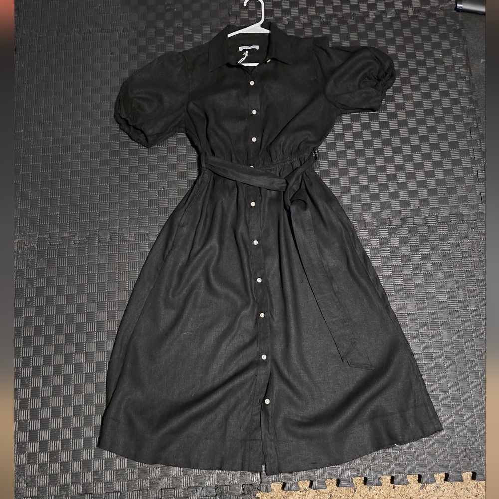 Free Assembly Black Buttondown Linen Sundress with Puff Sleeves